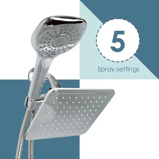Alt view image 3 of 7 - Dual Rainfall Shower Massager by Home Basics | 1.63 GPM, Chrome Finish ABS Plastic with Stainless Steel | 5 Shower Settings, Silicone Jet Nozzles, 5' Hose, 3-Way Diverter