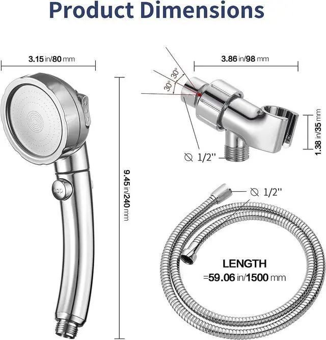 Alt view image 2 of 7 - HANLIAN High Pressure Shower Head with Pause Function, 3 Spray Settings Handheld Shower Head with On Off Switch, Watersaving Detachable Showerhead with 5Ft Stainsteel Hose and ABS Bracket (Chrome)