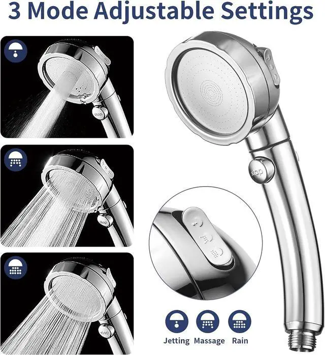 Alt view image 3 of 7 - HANLIAN High Pressure Shower Head with Pause Function, 3 Spray Settings Handheld Shower Head with On Off Switch, Watersaving Detachable Showerhead with 5Ft Stainsteel Hose and ABS Bracket (Chrome)