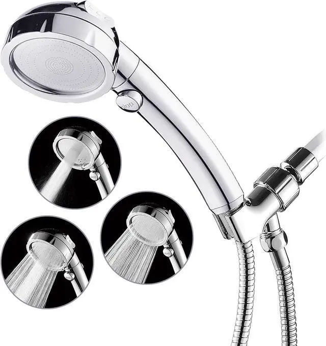 Main image of HANLIAN High Pressure Shower Head with Pause Function, 3 Spray Settings Handheld Shower Head with On Off Switch, Watersaving Detachable Showerhead with 5Ft Stainsteel Hose and ABS Bracket (Chrome)