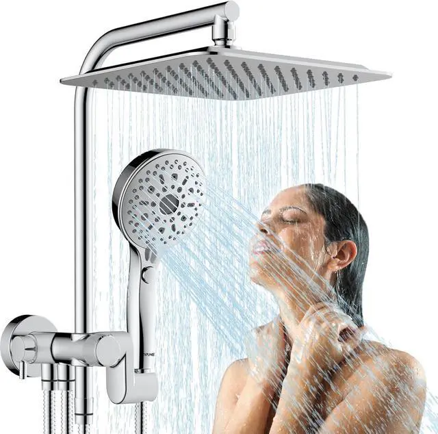 Main image of 10 Inch Rainfall Shower Head with Handheld Spray Combo, Dual Shower Head with High Pressure, 12 Spray Settings, Brass Casting 3-Way Shower Arm, Adjustable Slide Bar, Holder/Hose, Chrome