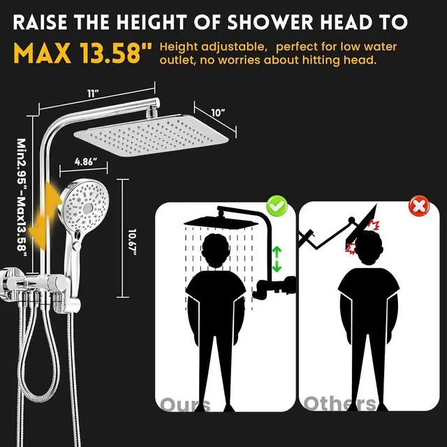 Alt view image 2 of 7 - 10 Inch Rainfall Shower Head with Handheld Spray Combo, Dual Shower Head with High Pressure, 12 Spray Settings, Brass Casting 3-Way Shower Arm, Adjustable Slide Bar, Holder/Hose, Chrome