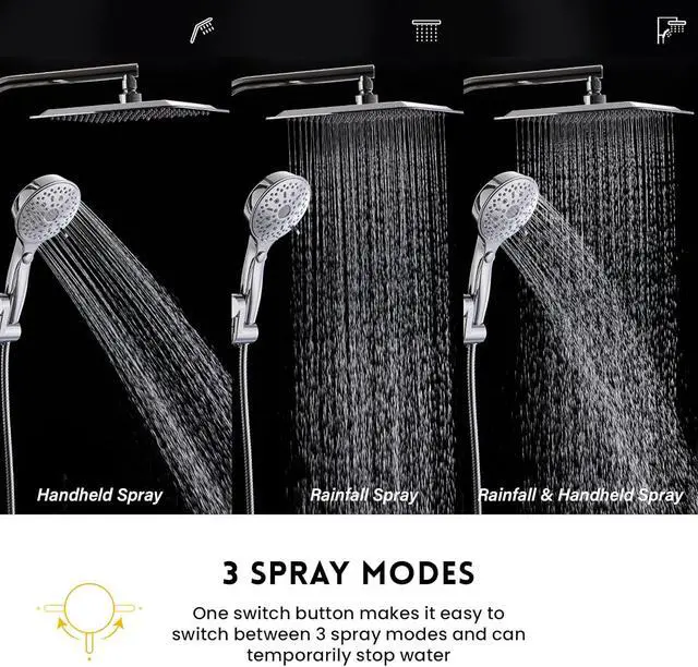 Alt view image 5 of 7 - 10 Inch Rainfall Shower Head with Handheld Spray Combo, Dual Shower Head with High Pressure, 12 Spray Settings, Brass Casting 3-Way Shower Arm, Adjustable Slide Bar, Holder/Hose, Chrome