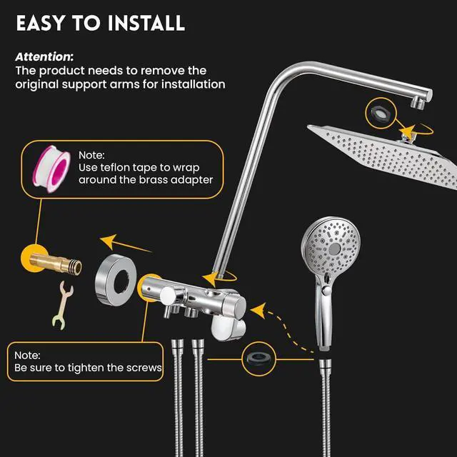 Alt view image 7 of 7 - 10 Inch Rainfall Shower Head with Handheld Spray Combo, Dual Shower Head with High Pressure, 12 Spray Settings, Brass Casting 3-Way Shower Arm, Adjustable Slide Bar, Holder/Hose, Chrome