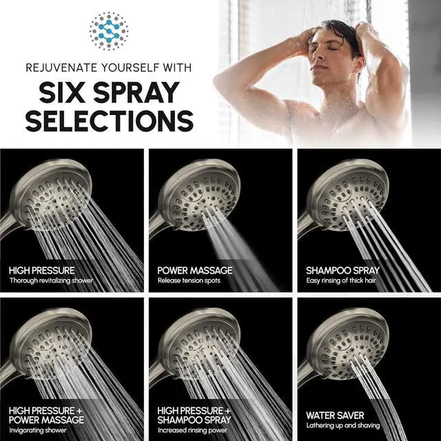 Alt view image 4 of 7 - Luxury Spa Series, 6 Spray Settings 4.5 inch Hand Held Shower Head, Extra Long Stainless Steel Hose, MAXX-imize Your Shower with Showerhead in Brushed Nickel Finish