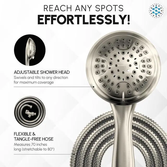 Alt view image 5 of 7 - Luxury Spa Series, 6 Spray Settings 4.5 inch Hand Held Shower Head, Extra Long Stainless Steel Hose, MAXX-imize Your Shower with Showerhead in Brushed Nickel Finish