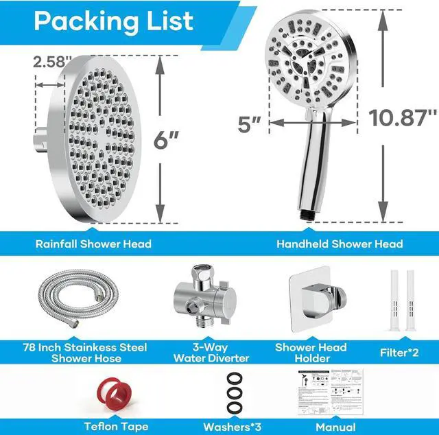 Alt view image 2 of 7 - Shower Head with Handheld Spray Combo,High Pressure Dual Double Rain Shower Head with Handheld 10-Mode 78" Hose Chrome