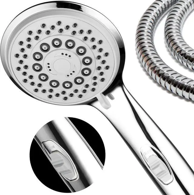 Main image of Hotel Spa High-Pressure 7-Setting Handheld Shower Head with 4-inch Face, Patented Water-Saving ON/OFF Pause Switch, Angle-Adjustable, Easy Tool-Free Installation  Chrome Finish