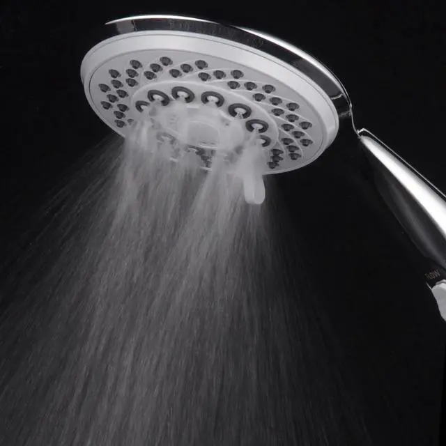 Alt view image 2 of 7 - Hotel Spa High-Pressure 7-Setting Handheld Shower Head with 4-inch Face, Patented Water-Saving ON/OFF Pause Switch, Angle-Adjustable, Easy Tool-Free Installation  Chrome Finish