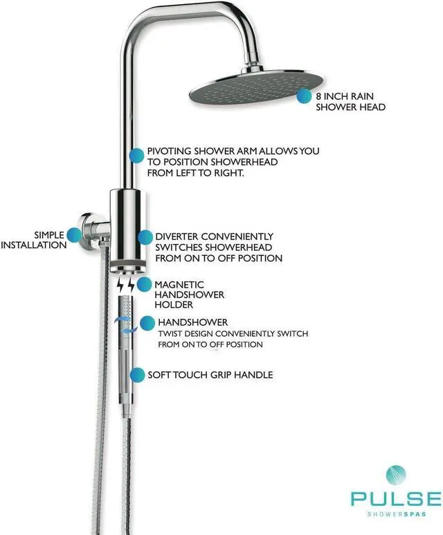 Alt view image 6 of 6 - PULSE ShowerSpas 1052-CH-1.8GPM Aquarius Shower System with 8" Rain Showerhead and Magnetic Attached Hand Shower with On/Off, Polished Chrome, 1.8 GPM