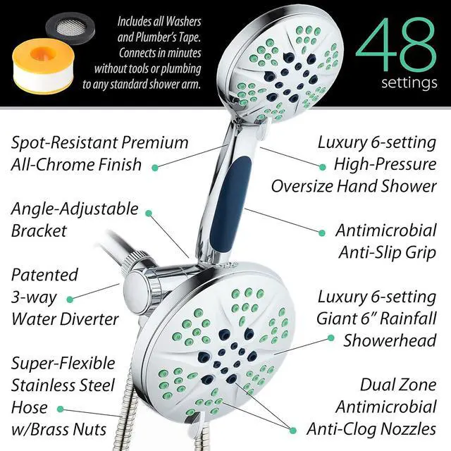 Alt view image 4 of 7 - Hotel Spa NOTILUS High Pressure Luxury 3-in-1 Rain Shower Spa Combo, 2-Zone Anti-Clog Nozzles- 6 Settings, 6'', Anti-Slip Grip, Metal Fittings, Stainless Steel Hose, Chrome