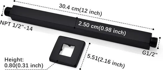 Alt view image 3 of 7 - 12 Inch Square Ceiling Mounted Shower Arm and Flange for Rain Shower Head, Matte Black