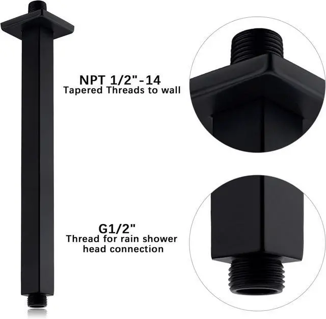 Alt view image 5 of 7 - 12 Inch Square Ceiling Mounted Shower Arm and Flange for Rain Shower Head, Matte Black