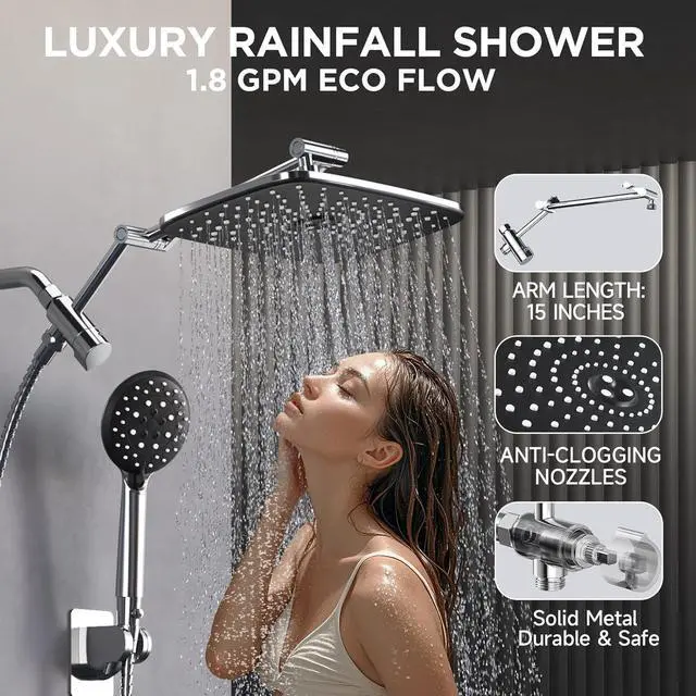 Alt view image 4 of 7 - Veken [1.8gpm Eco-Flow] 11.8 Inch Rain Shower Head with 6 Modes Handheld Water Spray,Wide Showerhead Combo with Extension Arm-housewarming gifts, Dual Shower with Anti-Clog Nozzles,Silver Chrome