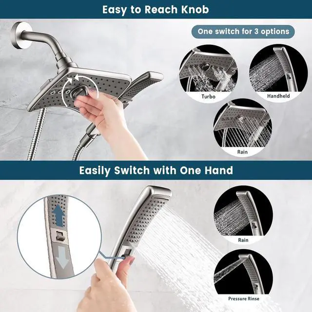 Alt view image 3 of 7 - BRIGHT SHOWERS Brushed Nickel Dual Shower Head Combo, High Pressure Rainfall Showerhead, Detachable Handheld Shower Head with 60" Stainless Steel Hose, Four Spray Settings