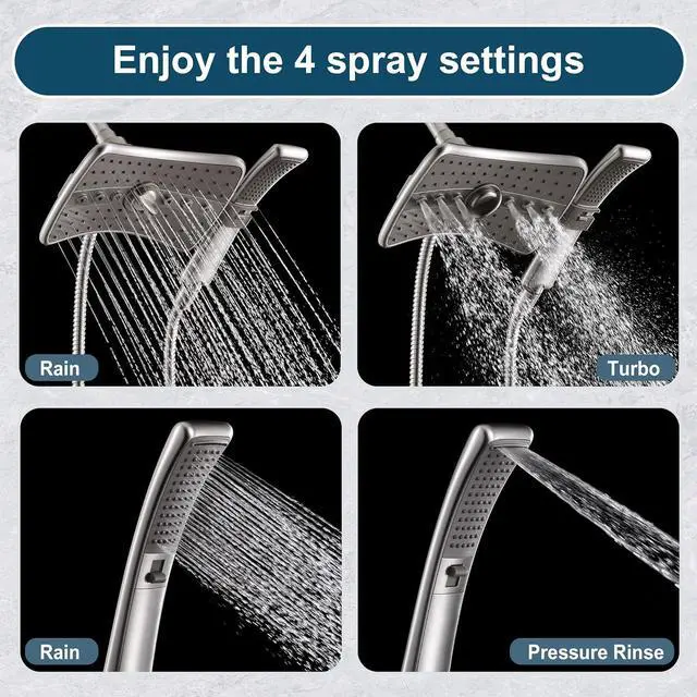 Alt view image 2 of 7 - BRIGHT SHOWERS Brushed Nickel Dual Shower Head Combo, High Pressure Rainfall Showerhead, Detachable Handheld Shower Head with 60" Stainless Steel Hose, Four Spray Settings