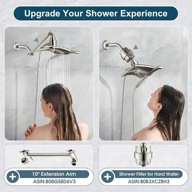 Alt view image 5 of 7 - BRIGHT SHOWERS Brushed Nickel Dual Shower Head Combo, High Pressure Rainfall Showerhead, Detachable Handheld Shower Head with 60" Stainless Steel Hose, Four Spray Settings