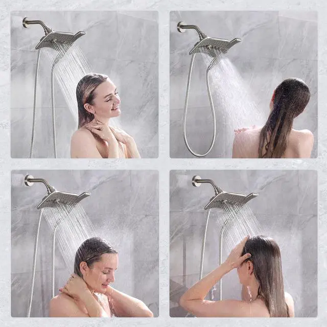 Alt view image 6 of 7 - BRIGHT SHOWERS Brushed Nickel Dual Shower Head Combo, High Pressure Rainfall Showerhead, Detachable Handheld Shower Head with 60" Stainless Steel Hose, Four Spray Settings