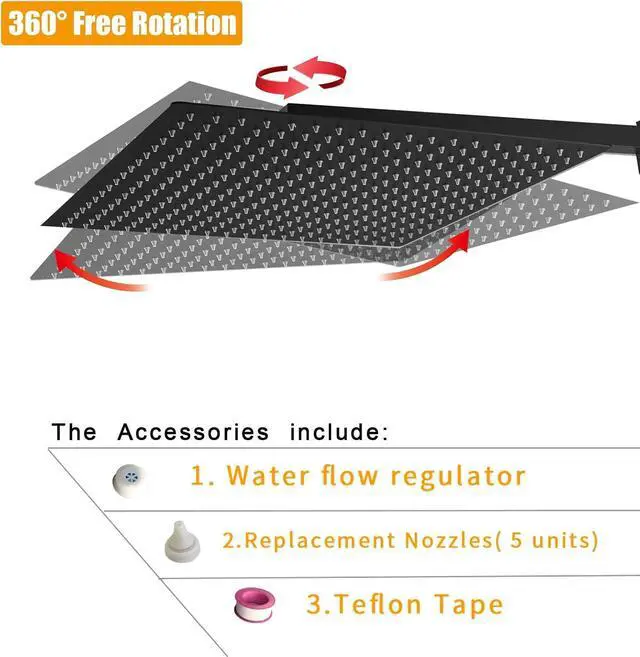 Alt view image 3 of 7 - BESy 16 Inch Rain Shower Head, 16" Square Rainfall & High Pressure Stainless Steel Bath Showerhead, 1/16" Ultra Thin, Waterfall Full Body Coverage with Silicone Nozzle, Matte Black Finish
