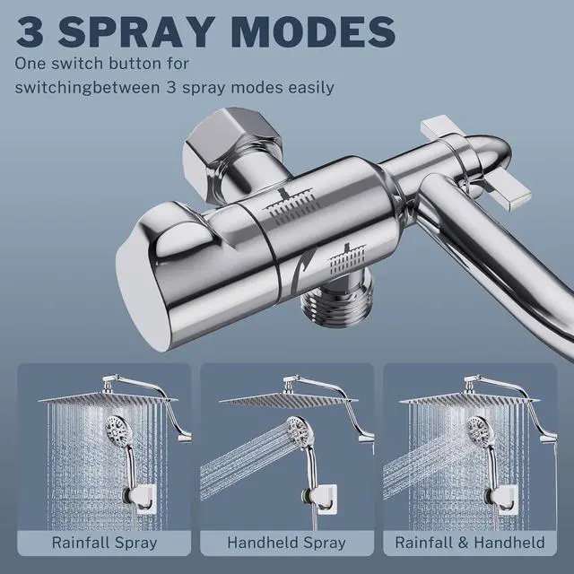 Alt view image 2 of 7 - All Metal Rain Shower Head 12 Inch High Pressure Shower Head with Handheld Spray Combo with Adjustable Shower Extension Arm, 7-Spray, 3-Way Dual Shower Head Chrome