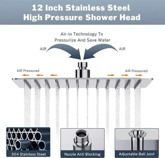 Alt view image 4 of 7 - All Metal Rain Shower Head 12 Inch High Pressure Shower Head with Handheld Spray Combo with Adjustable Shower Extension Arm, 7-Spray, 3-Way Dual Shower Head Chrome