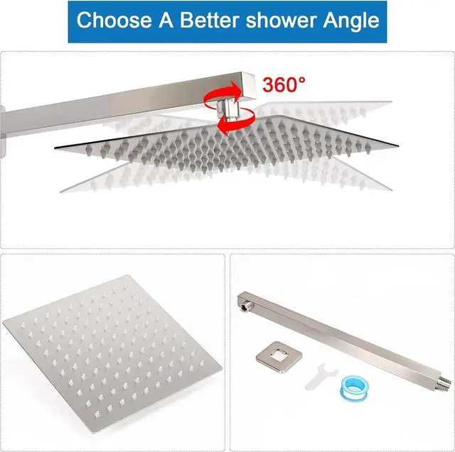Alt view image 6 of 7 - HarJue Shower Head with Extension Arm, High Pressure Square with ShowerArm, Stainless Steel Rainfall-Waterfall Full Body Coverage (10'' Shower with 16'' Arm, Brushed Nickel)
