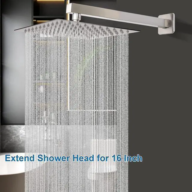 Alt view image 7 of 7 - HarJue Shower Head with Extension Arm, High Pressure Square with ShowerArm, Stainless Steel Rainfall-Waterfall Full Body Coverage (10'' Shower with 16'' Arm, Brushed Nickel)