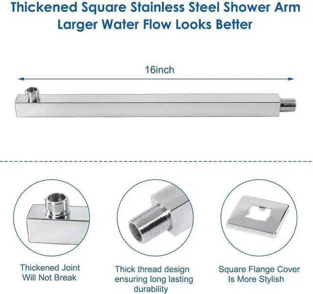 Alt view image 5 of 7 - HarJue Shower Head with Extension Arm, High Pressure Square with ShowerArm, Stainless Steel Rainfall -Waterfall Full Body Coverage (12'' Shower with 16'' Arm, Chrome)