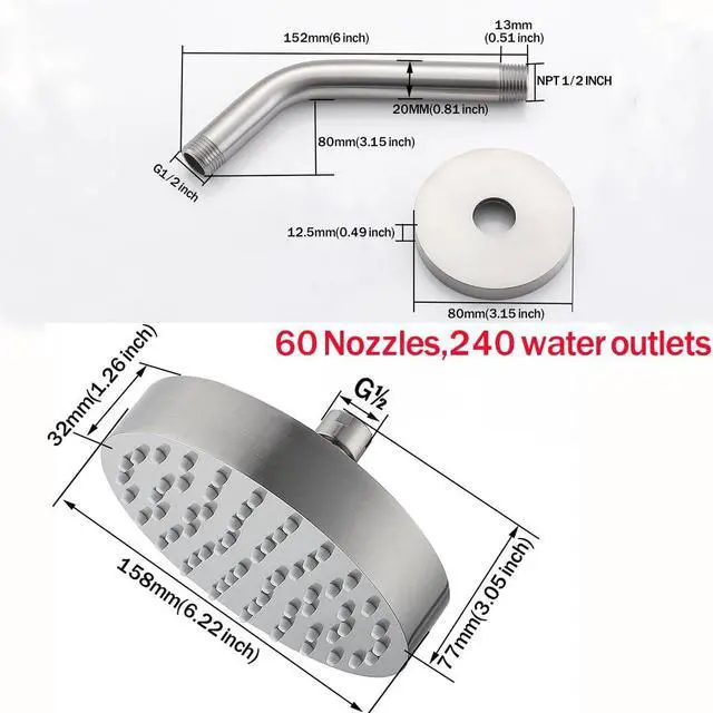 Alt view image 2 of 7 - RANDOM Brushed Nickel Shower Head 6 Inch Round Rain Shower Head With Shower Arm with 360 Adjustable Swivel Ball Joint & Filter Solid Stainless Steel High Pressure Rain Shower Head Luxury Modern Look