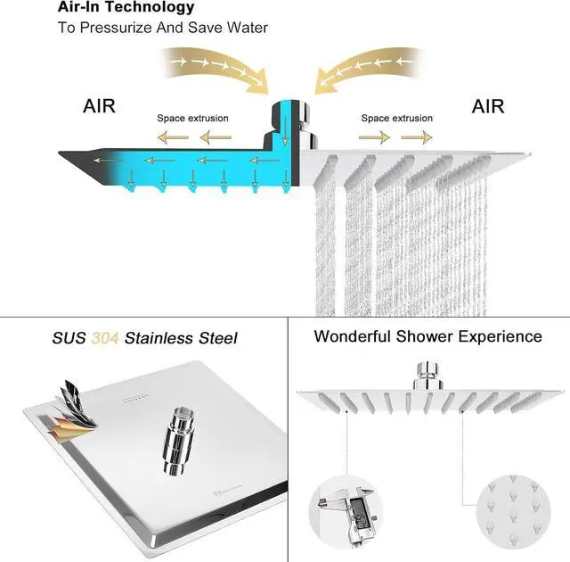 Alt view image 4 of 6 - NearMoon Rain Shower Head, High Flow Stainless Steel Square Rainfall Shower, High Pressure Design, Awesome Shower Experience Even At Low Water Flow (10 Inch, Chrome Finish)