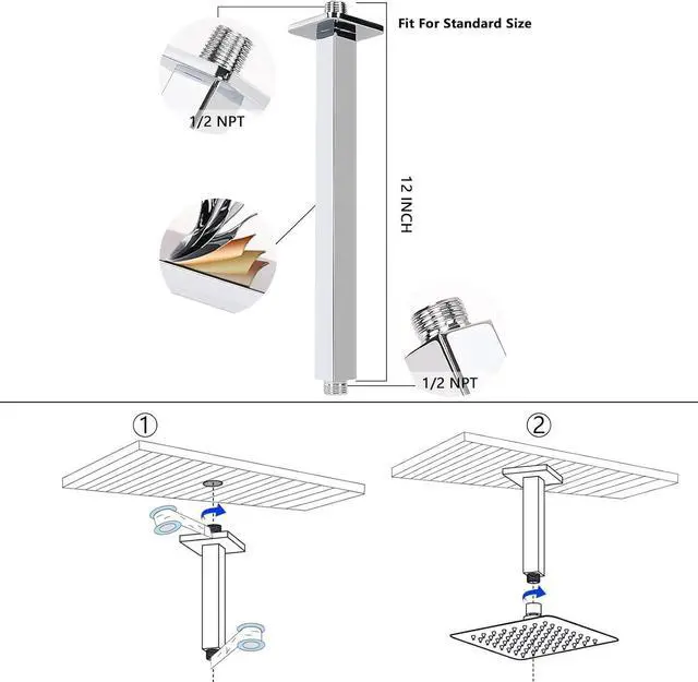 Alt view image 3 of 7 - NearMoon Rain Shower Head With Shower Arm, Ceiling Mount Square Shower, Stainless Steel Ceiling Rainfall Showerhead- Waterfall Full Body Coverage (8 Inch, Chrome Finish)