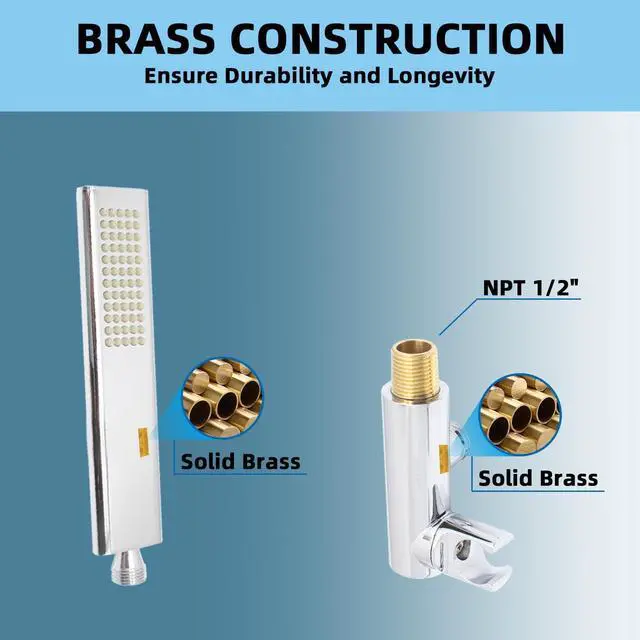 Alt view image 3 of 7 - Solid Brass Handheld Shower Head Arc Design High Pressure Polished Chrome Hand Shower Wand with Adjustable Supply Elbow Wall Connector Shower Holder and 59 Stainless Steel Hose Set