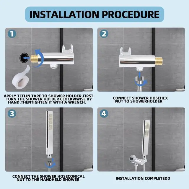 Alt view image 7 of 7 - Solid Brass Handheld Shower Head Arc Design High Pressure Polished Chrome Hand Shower Wand with Adjustable Supply Elbow Wall Connector Shower Holder and 59 Stainless Steel Hose Set