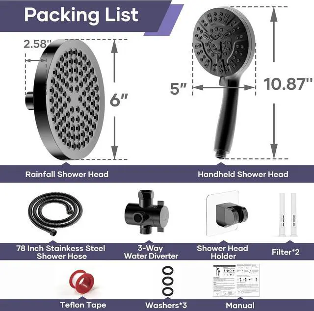 Alt view image 7 of 7 - Filtered Shower Head with Handheld Spray Combo,High Pressure Rain Shower Heads,Double Dual Shower Head 10 Spray Modes,Detachable Showerhead 78 Inch Hose,Black