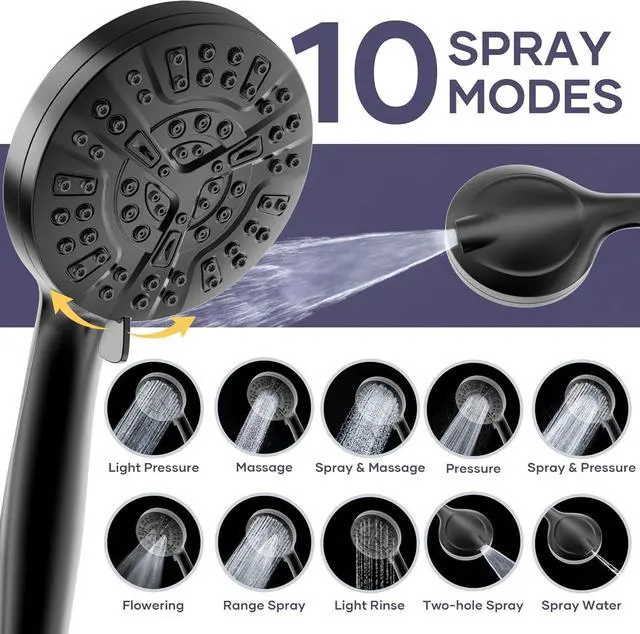 Alt view image 3 of 7 - Filtered Shower Head with Handheld Spray Combo,High Pressure Rain Shower Heads,Double Dual Shower Head 10 Spray Modes,Detachable Showerhead 78 Inch Hose,Black