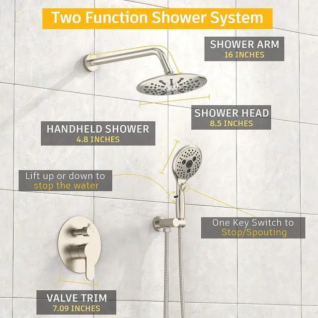 Alt view image 7 of 7 - SunCleanse Shower System, Bathroom Rainfall Shower Faucet Set Complete with 7-Setting Handheld Shower Head Combo, Included Rough in Valve and Trim Kit, Brushed Nickel