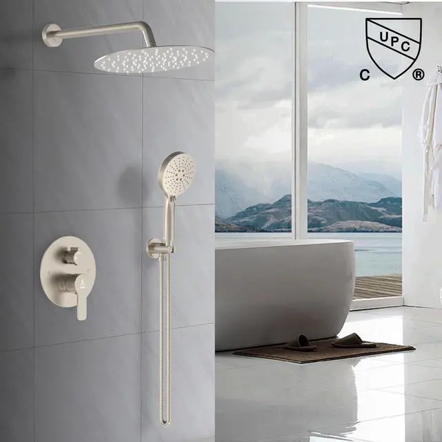 Alt view image 2 of 7 - Shower Faucet Set 10IN Brass Rough-In Valve Body Trim Kit Rainfall Included Handle Accessories Complete 2 Functions with Rain Head and Handheld Bathroom Systems (10'', Brushed Nickel)