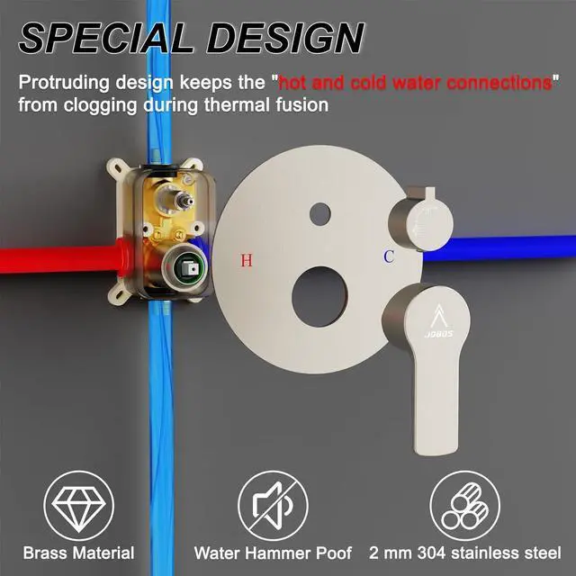 Alt view image 5 of 7 - Shower Faucet Set 10IN Brass Rough-In Valve Body Trim Kit Rainfall Included Handle Accessories Complete 2 Functions with Rain Head and Handheld Bathroom Systems (10'', Brushed Nickel)