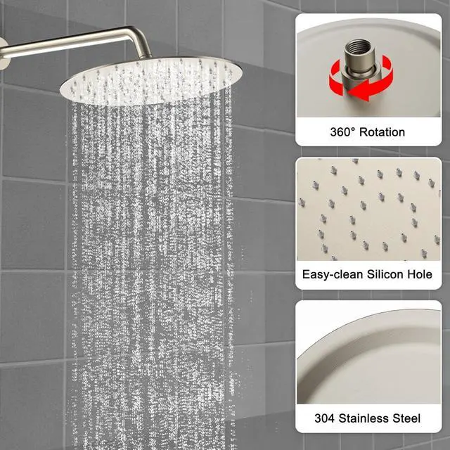 Alt view image 6 of 7 - Shower Faucet Set 10IN Brass Rough-In Valve Body Trim Kit Rainfall Included Handle Accessories Complete 2 Functions with Rain Head and Handheld Bathroom Systems (10'', Brushed Nickel)
