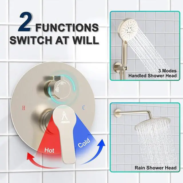 Alt view image 7 of 7 - Shower Faucet Set 10IN Brass Rough-In Valve Body Trim Kit Rainfall Included Handle Accessories Complete 2 Functions with Rain Head and Handheld Bathroom Systems (10'', Brushed Nickel)