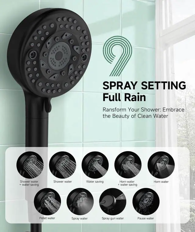 Alt view image 2 of 7 - SunCleanse Filtered Shower Head with Handheld, 9-Spray Setting Detachable Showerhead with Filters, Shower Head for Hard Water - Filtered Chlorine, Improve Skin and Hair Texture, Black