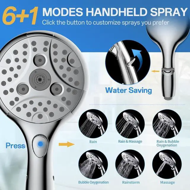 Alt view image 4 of 7 - VXV 10 Inch Dual Shower Head Combo: High Pressure Rain Shower Head + 7-Mode Handheld Spray with Adjustable Sliding Bar (Up to 13.4"), 71" Hose, Anti-Leak, 360° Rotation, Chrome Finish