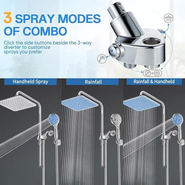 Alt view image 6 of 7 - VXV 10 Inch Dual Shower Head Combo: High Pressure Rain Shower Head + 7-Mode Handheld Spray with Adjustable Sliding Bar (Up to 13.4"), 71" Hose, Anti-Leak, 360° Rotation, Chrome Finish