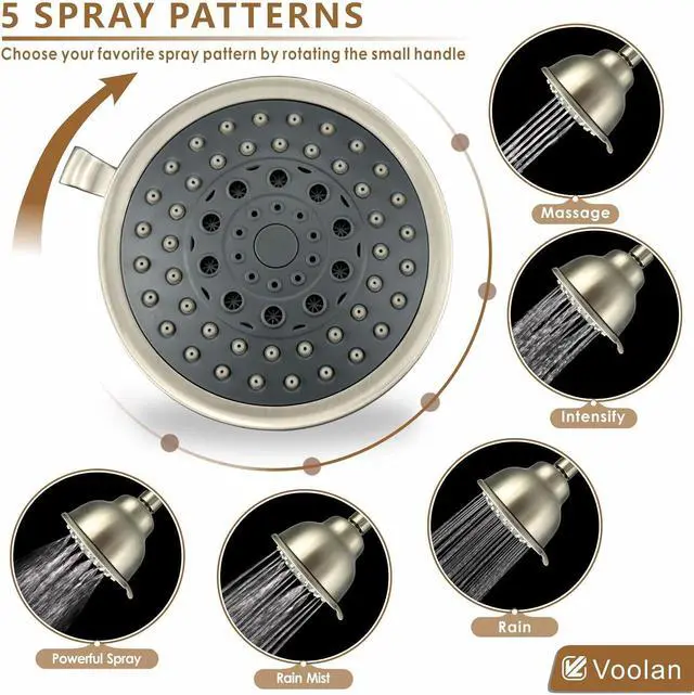 Alt view image 5 of 6 - Voolan High Pressure Shower Head - 4 Inches Rain Showerhead - 5 Spray Settings - Luxury Modern Brushed Nickel Look - Perfect Adjustable Replacement for Bathroom Shower Heads