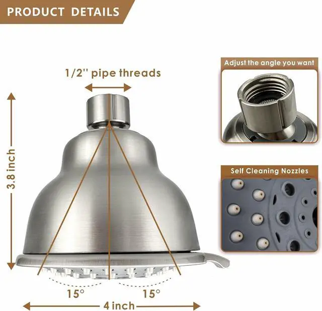 Alt view image 3 of 6 - Voolan High Pressure Shower Head - 4 Inches Rain Showerhead - 5 Spray Settings - Luxury Modern Brushed Nickel Look - Perfect Adjustable Replacement for Bathroom Shower Heads