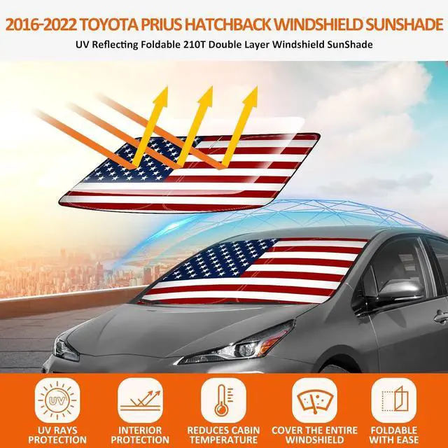 Alt view image 3 of 7 - Bestview American Flag Windshield Sunshade for 2016-2022 Toyota Prius Hatchback,Custom Fit Foldable Front Window Sunshade Sun Visor Accessories Protector Block UV Rays Heat, Keep Your Car Cooler