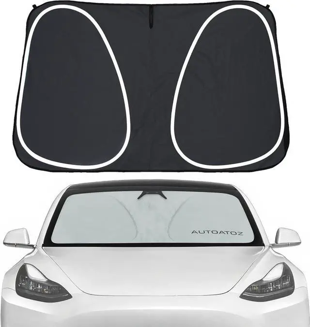 Main image of Windshield Sunshade 2016-2024 Upgraded for Tesla Model 3 Model Y Front Car Window Sun Shade Cover, AUTOATOZ Foldable Sun Visor Protector Blocking UV Rays Heat, Panda Eyes Design for Tesla Accessories