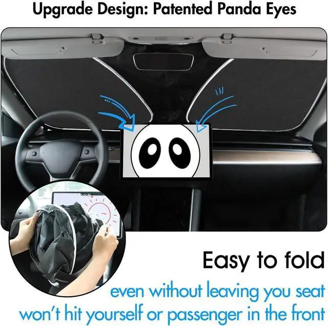 Alt view image 2 of 6 - Windshield Sunshade 2016-2024 Upgraded for Tesla Model 3 Model Y Front Car Window Sun Shade Cover, AUTOATOZ Foldable Sun Visor Protector Blocking UV Rays Heat, Panda Eyes Design for Tesla Accessories