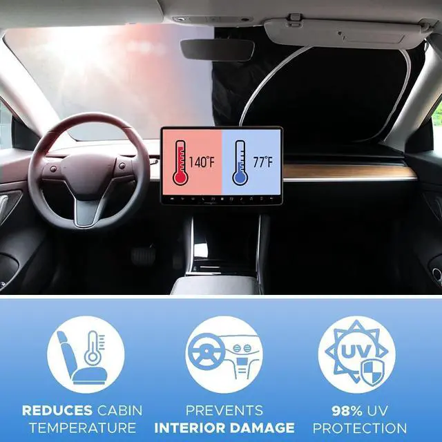 Alt view image 4 of 6 - Windshield Sunshade 2016-2024 Upgraded for Tesla Model 3 Model Y Front Car Window Sun Shade Cover, AUTOATOZ Foldable Sun Visor Protector Blocking UV Rays Heat, Panda Eyes Design for Tesla Accessories