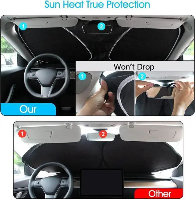 Alt view image 5 of 6 - Windshield Sunshade 2016-2024 Upgraded for Tesla Model 3 Model Y Front Car Window Sun Shade Cover, AUTOATOZ Foldable Sun Visor Protector Blocking UV Rays Heat, Panda Eyes Design for Tesla Accessories